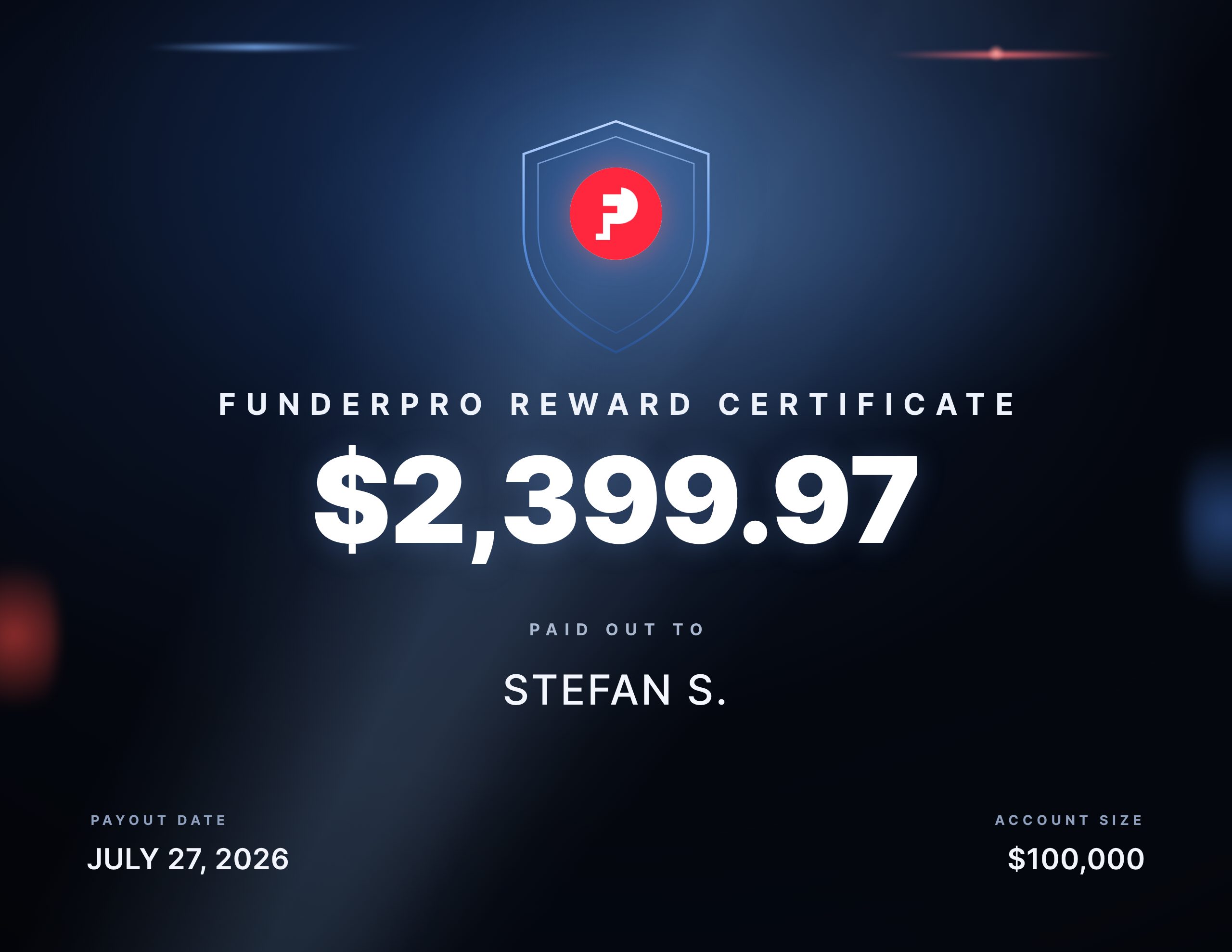 FunderPro reward certificate for $2,399.97