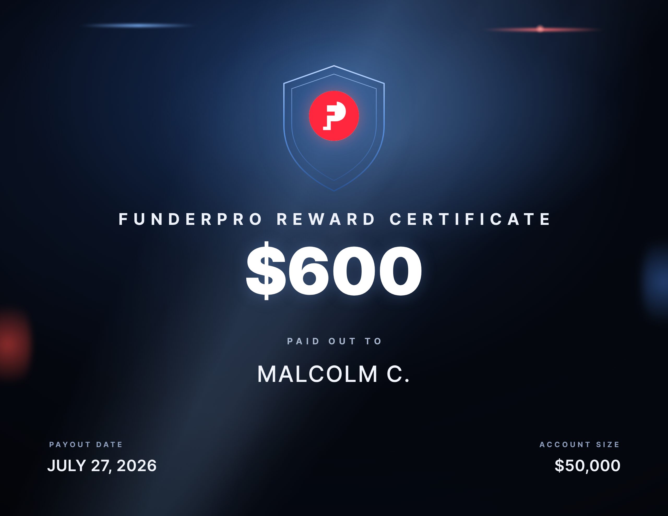 FunderPro reward certificate for $600