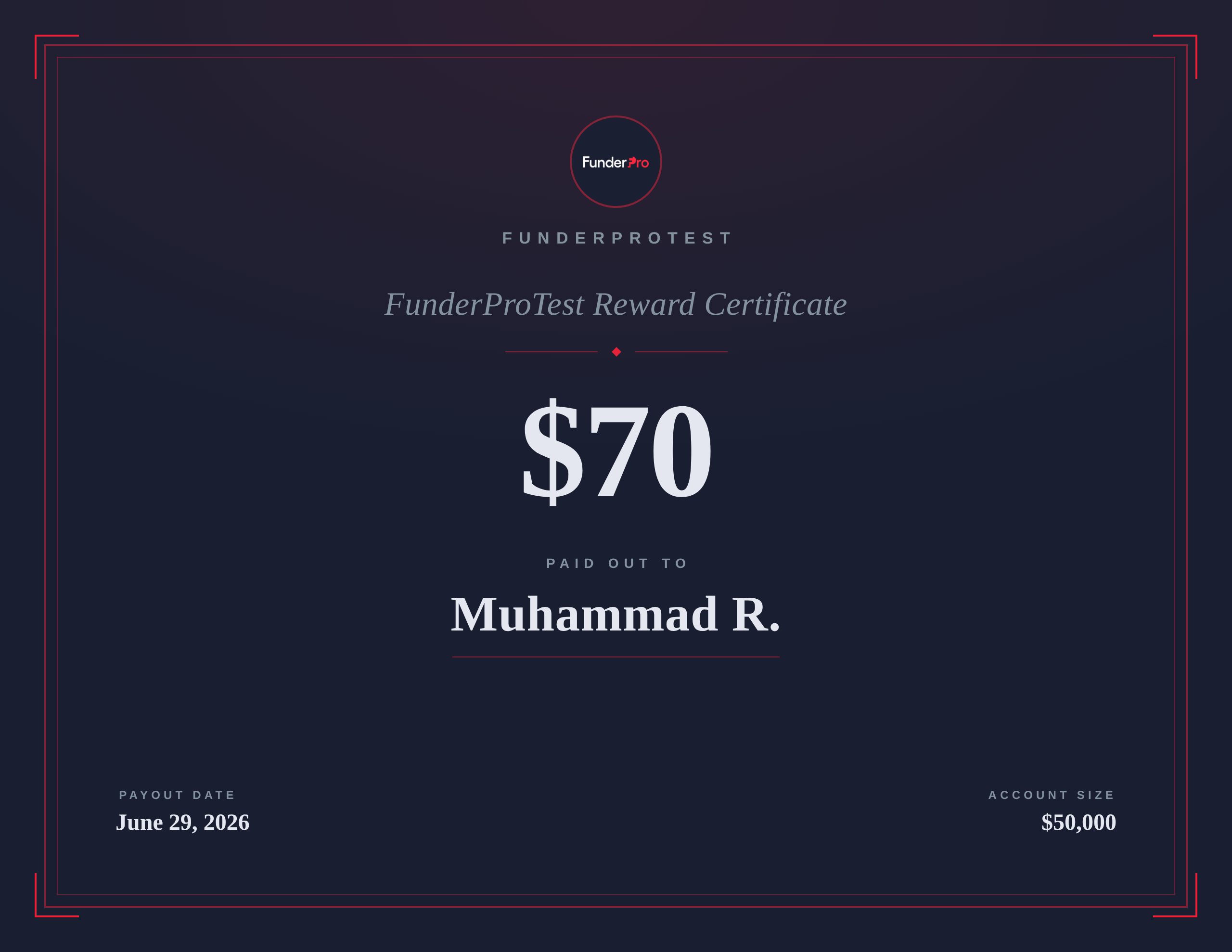 $70 reward paid out to Muhammad R.